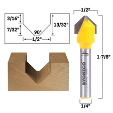 90 Degree X 1/2" V Groove Flat Bottom Router Bit - 1/4" Shank - Yonico 14904q