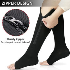 Zipper Medical Compression Open Toe Socks For Varicose Veins Support Black Beige