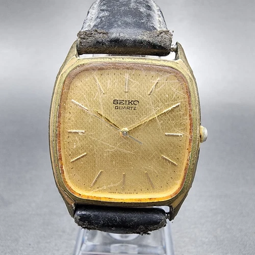 Seiko Tank Watch Men 30mm Gold Dial Gold Tone Rectangle 6431-5140 New battery