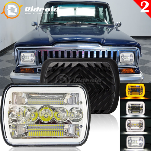 Phares LED Rectangulaires 5x7 Pouces Pour Jeep Wrangler YJ, Cherokee XJ - Feux De Route/croisement + DRL - Blanc 6000K, 6000LM - Noir - 11