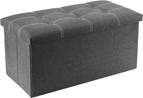 Folding Ottoman Grey Linen Fabric Storage Bench 15x30 Inches Footrest - Picture 3 of 11