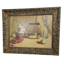 Vintage Still Life Lithograph Wood Baroque Frame Fruit Teapot Signed R Colas