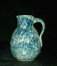 5 1/2" Blue & White Spongeware Syrup Pitcher Weeks Pottery Akron, Ohio Stoneware