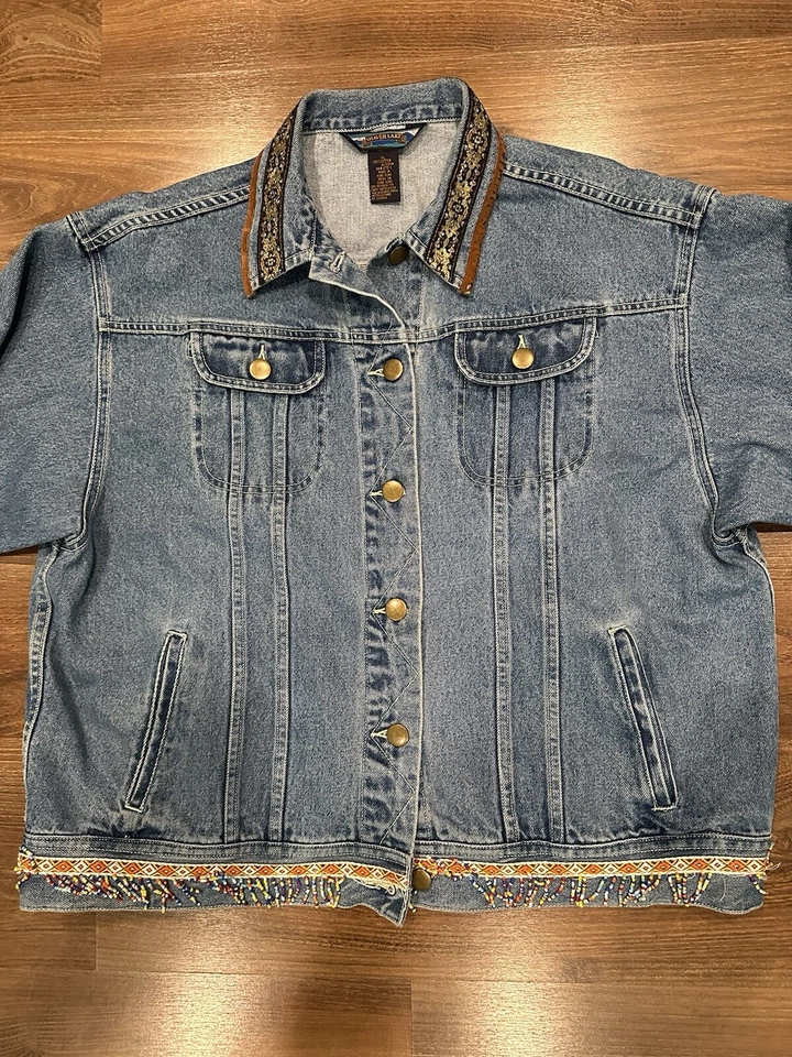Vintage 90s SHAVER LAKE Aztec Embroidered Beads Denim Jacket Women's XL - Image 2 of 4
