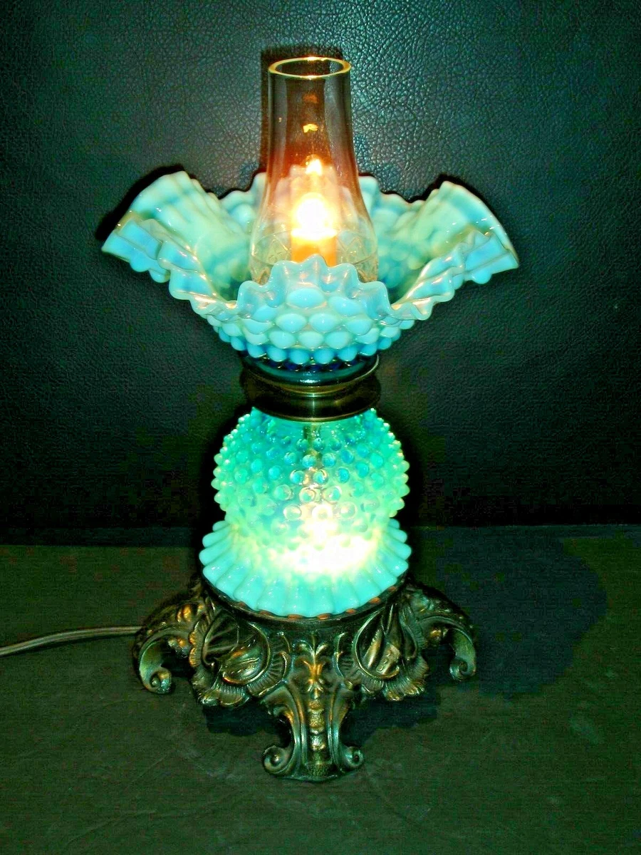 FENTON OLD BLUE HOBNAIL OPALESCENT OIL STYLE LAMP w CHIMNEY RARE