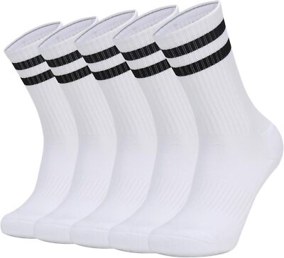 Ultrafun 5 Pairs Striped Crew Socks Cotton Cushioned Athletic Medium, White 