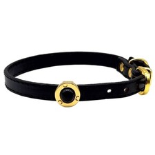 Stylish Black Leather Cat Collar with Gold Accents and Gemstone Detailing