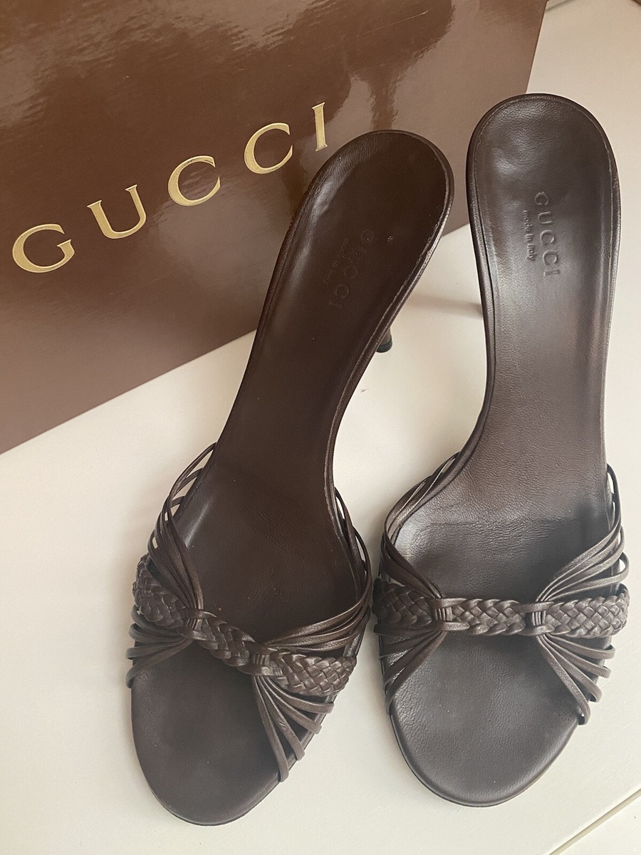 靴 Gucci Brown Bamboo Heels 36 Gucci Brown Leather Bamboo Style Heel Sandal Slip-on Shoes 8 | eBay