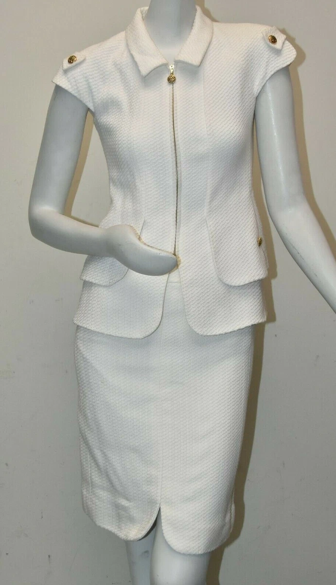 NEW Chanel SUIT White JACKET + SKIRT Blazer Cotton Tweed CC Gold Buttons  Zip 36