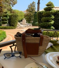 Auth LOEWE Basket - Natural Tan Palm Leaf Calf Leather Tote Bag small size