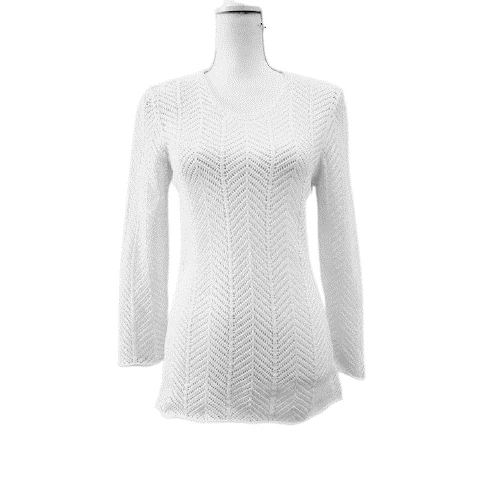 Alia Women’s Petite Small White Herringbone Knit Scoop Neck Sweater - Image 3 of 4
