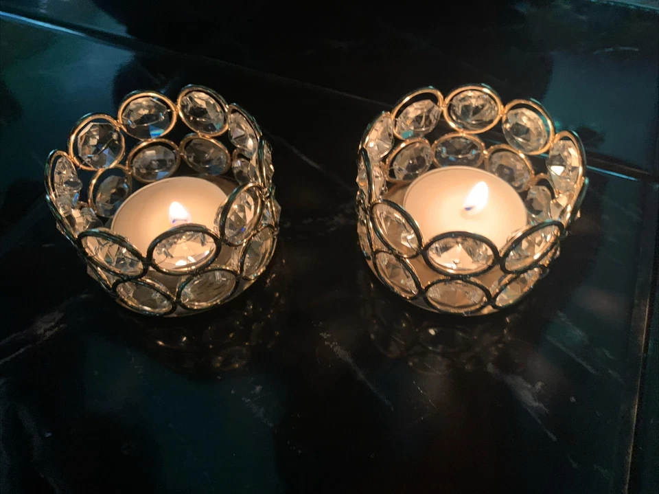 Набор из 2 золотых хрустальных чайных подсвечников с бисером - Изображение 3 из 4