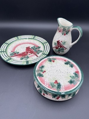 Vtg Christmas Cardinals Julie Ueland Cardinal Plate Cake Riser Plate Pitcher