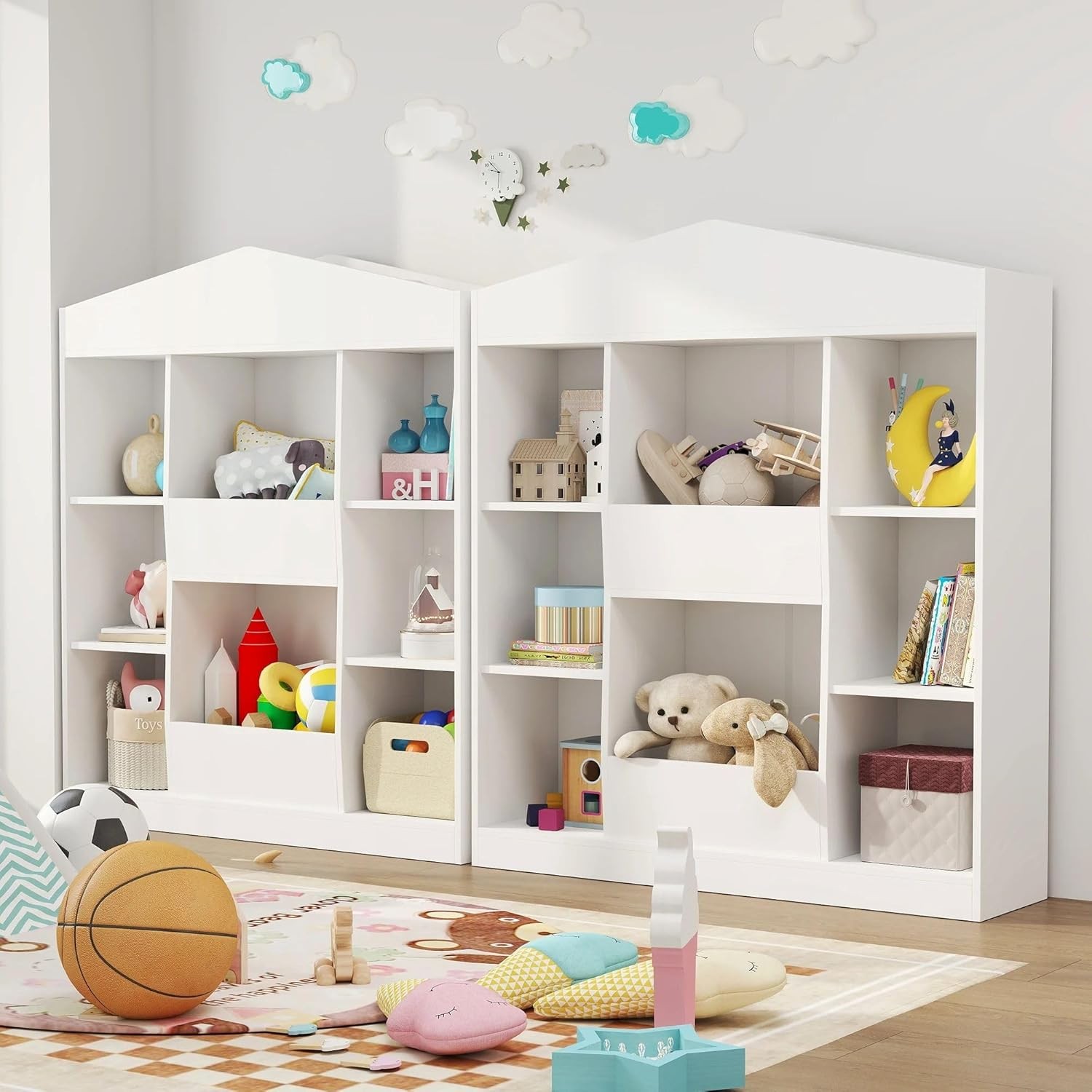 Wooden Castle Kids Bookshelf with 12 Cubby Toy Storage Organizer and Dollhouse Design  
