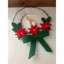 Vintage Latch Hook Yarn Christmas Wreath Candles Poinsettias Holiday Decor