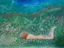 Original oil pastel painting Sketch woman And  field of flowers à la prima