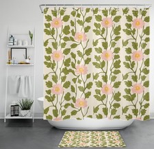 Sage Green Leaf Pink Floral on Beige Shower Curtain Bathroom Accessories Set