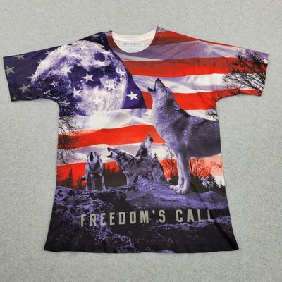 Get A Life Shirt Mens Large Freedom Call Wolves Howling USA Flag Performance