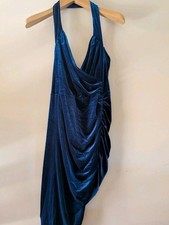 Dress Blue Halterneck Velour Women's Size 14 Midi Retro Nye Party Event Formal 