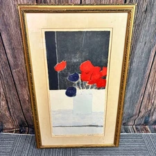 Bernard Castrin Lithograph 1972 Red and Blue Anemone Print