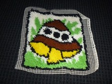 Vtg Completed Latch Hook Rug Wall Hanging Groovy Mushroom Mushie 12x12"