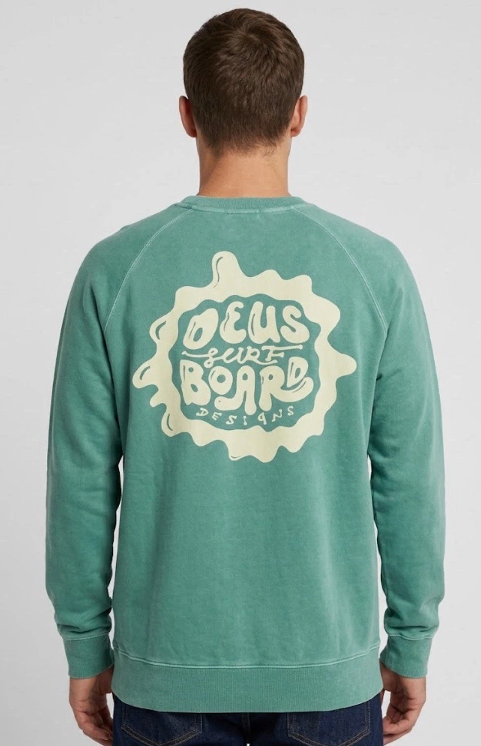 Deus Ex Machina Sweatshirt Mens Medium Green Surf Board Designs Crewneck Raglan - product detail image 1