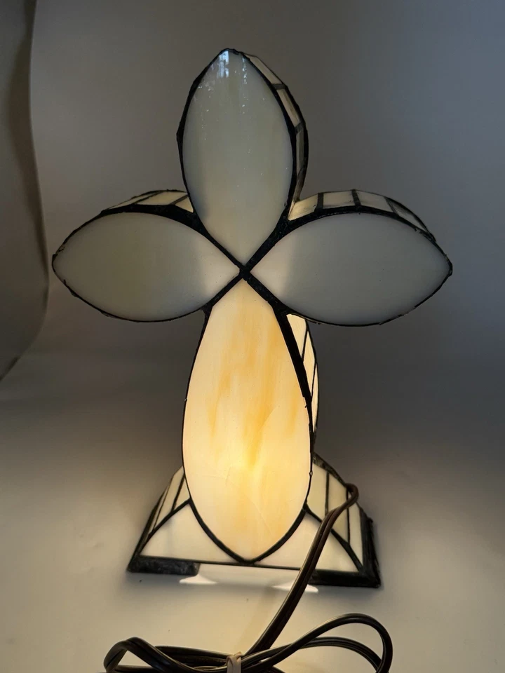 Dale Tiffany Real Stained Glass Cross Table Light Lamp Flowers Roses 12.5" Tall - Image 2 of 4