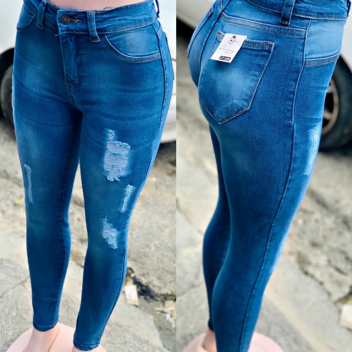 Blue stretch denim Family Jeans w/ artificially distressed rips, tears,  ankles