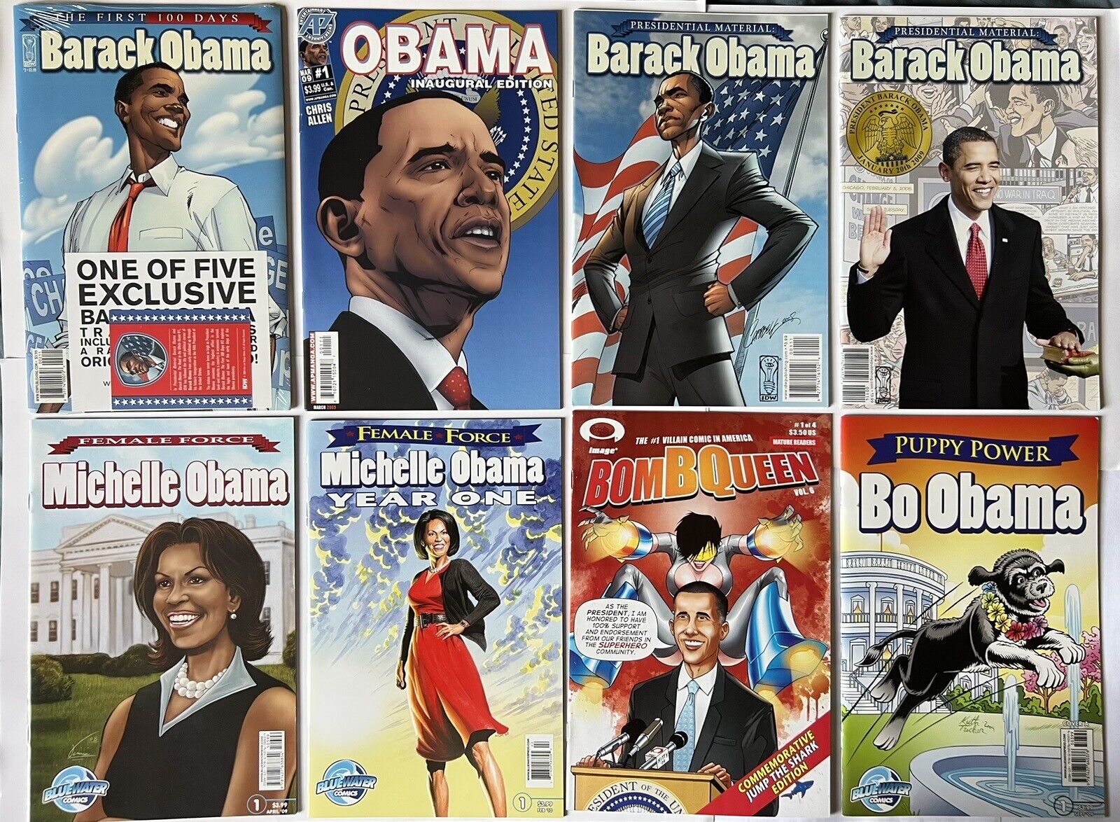 comic books. Barack Obama. Female Force: Michelle Obama. Bomb Queen. Bo Obama