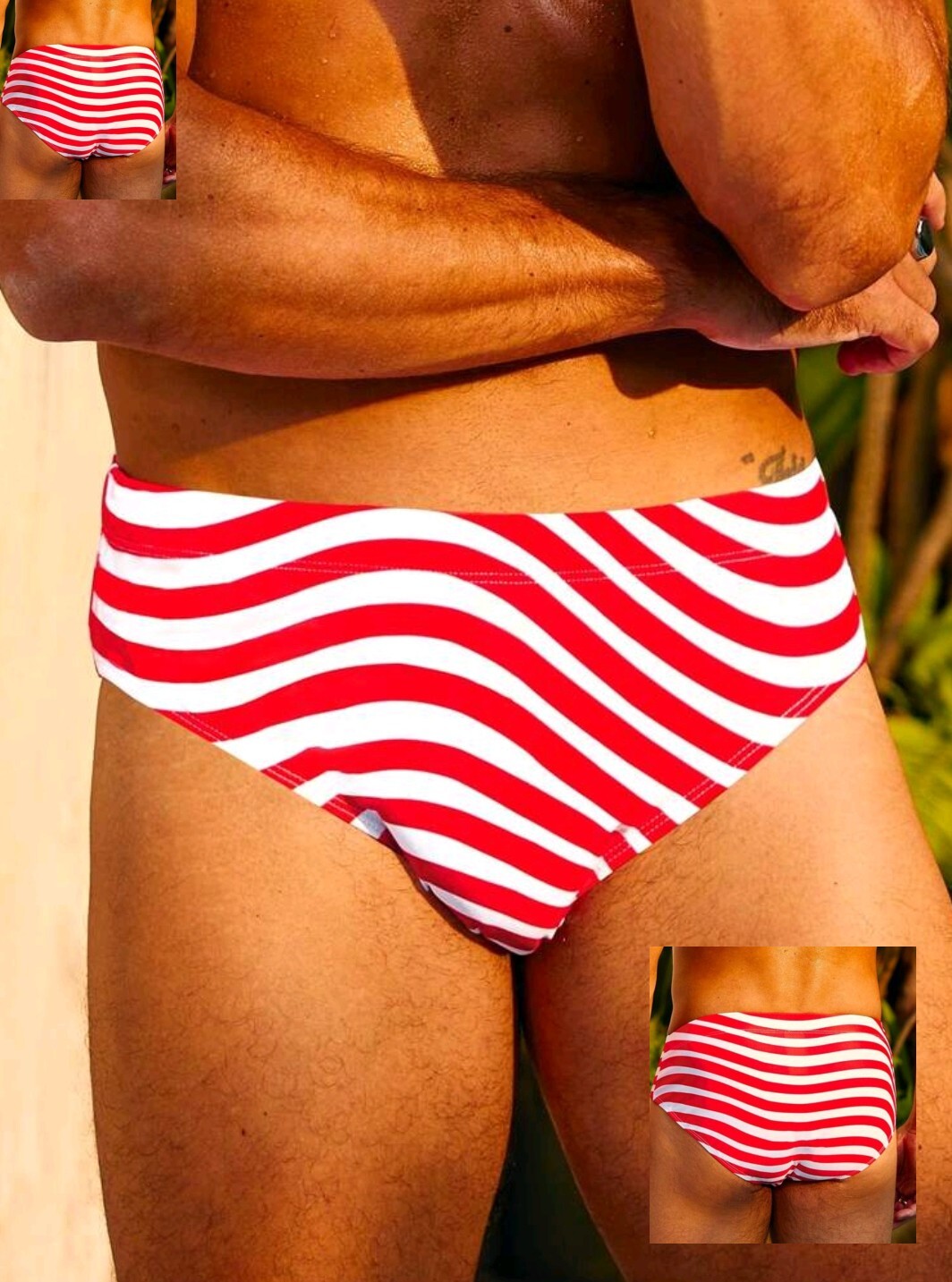 "Red & White Wavy Striped Men's Swim Briefs. Size Large 34\"-36\""