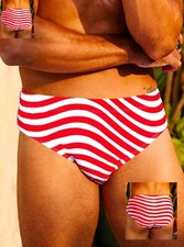 Red  White Wavy Striped Men's Swim Briefs. Size Large 34"-36"