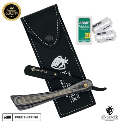 NEW WOODEN STRAIGHT EDGE BARBER RAZOR CUT THROAT SALON SHAVING + FREE 5 BLADES