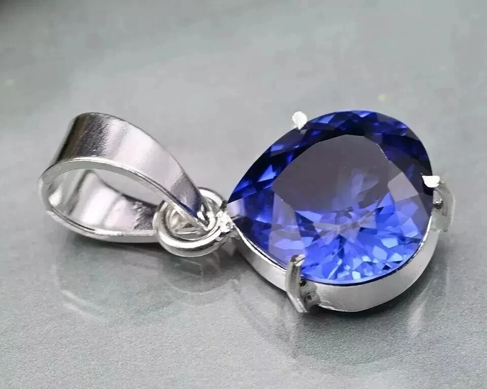 37 CT Naturale Zaffiro Blu Certificato Taglio a Pera 925 Solido Argento Pendente - Immagine 3 di 4