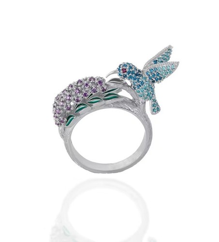 4.37TCW Round Cut Simulated Aquamarine & Amethyst Pretty Hummingbird Fancy Ring - Picture 2 of 6