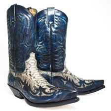 Zapatos bordados elegantes para hombre botas hasta la rodilla de mezclilla occidental con patrón de serpiente de vaquero