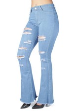 Women's Juniors Bell Bottom Ripped Distressed High Waist Flared Stretch Jeans