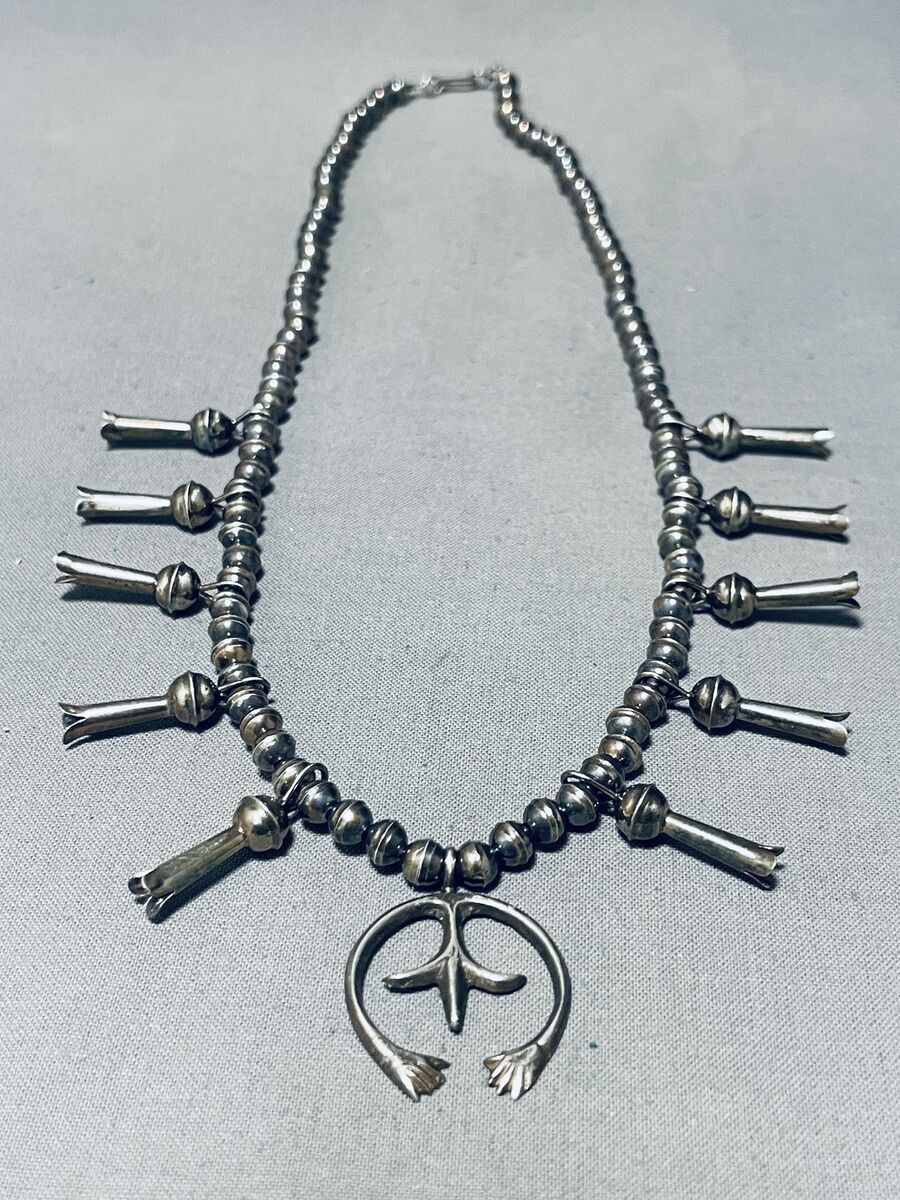 Superior Vintage Native American Navajo Inlay Turquoise Sterling Silver Squash Blossom Necklace Superior Vintage Native American Navajo Inlay Turquoise Sterling Silver Squash Blossom Necklace