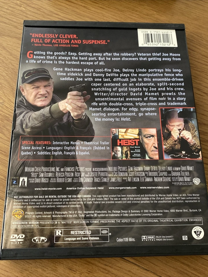 Heist DVD Gene Hackman Danny Devito Region 1 USA IMPORT CARDBOARD SNAP CASE - image 2 of 4