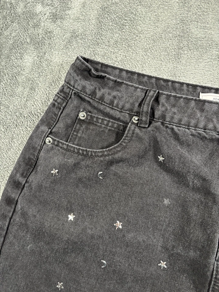 "Minifalda vaquera Adam Levine para mujer XL negra lunas y dobladillo cortado estampado 35"" Y2K" Foto 3 de 4