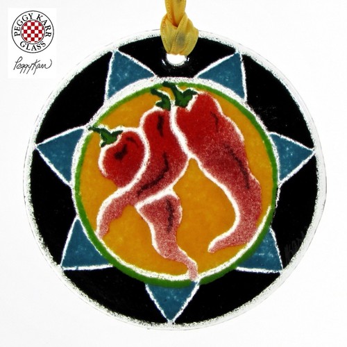 Peggy Karr CHILIES 3.25" Round Ornament Fused Glass Red Pepper Southwest Mint