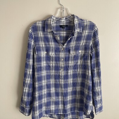 Womens Madewell Plaid Button Up Shirt Blue White Small Hi Lo Spring EUC