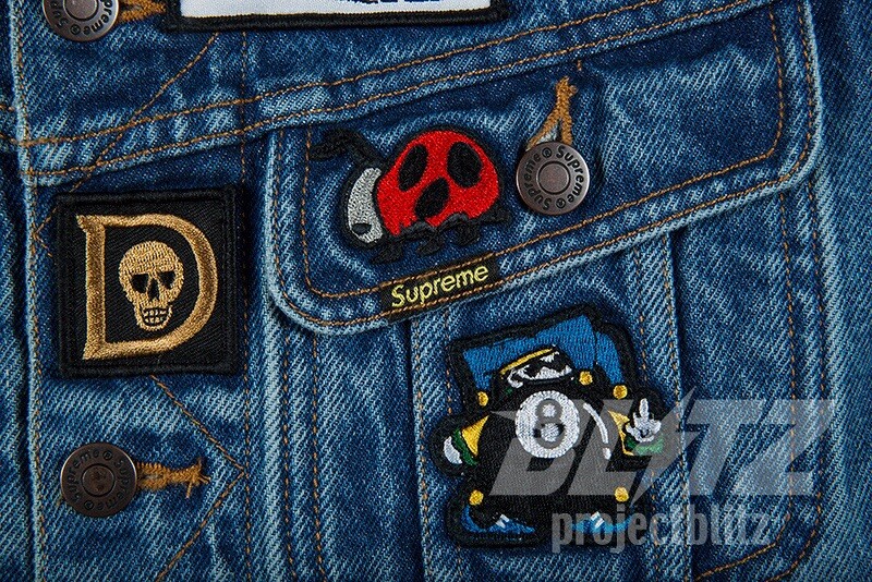 SS18 SUPREME PATCHES DENIM TRUCKER JACKET BLUE SIZE M MEDIUM 2018