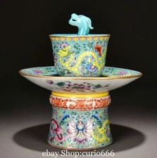 Qianlong Colour Enamel Porcelain Gold Dragon Beast Flower Wine Cup Plate Set
