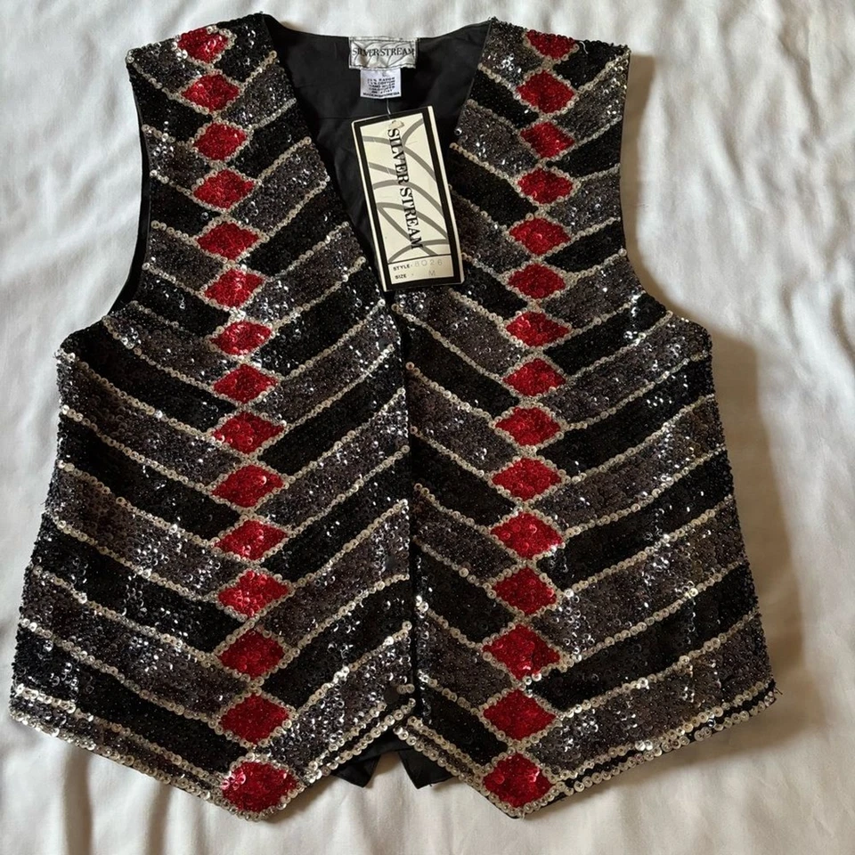 Silver Stream NUEVO CON ETIQUETAS Lentejuelas Diseño Geométrico Negro Rojo Plata Fiesta Teatro Chaleco L Foto 3 de 4