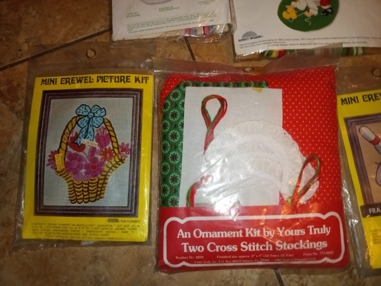 Vintage Lot of 5 Needlepoint Christmas Ornament Kits & other jiffy