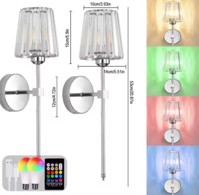 2er-Pack Amerikanischer Stil Kristall Drahtlose LED Wandleuchter Chrom Wiederaufladbare Lampen