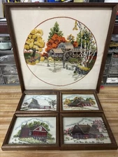 Vintage Sunset Crewel Fall Mill Pond  & 4 Barns Framed Finished 1978  Cottage