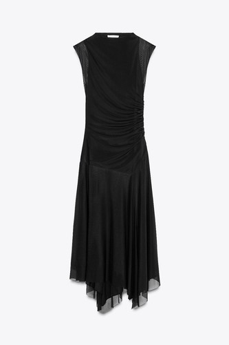 Zara Womens Sheath Dress Size L Black Tulle Ruched Midi Cocktail 5039/311 NWT