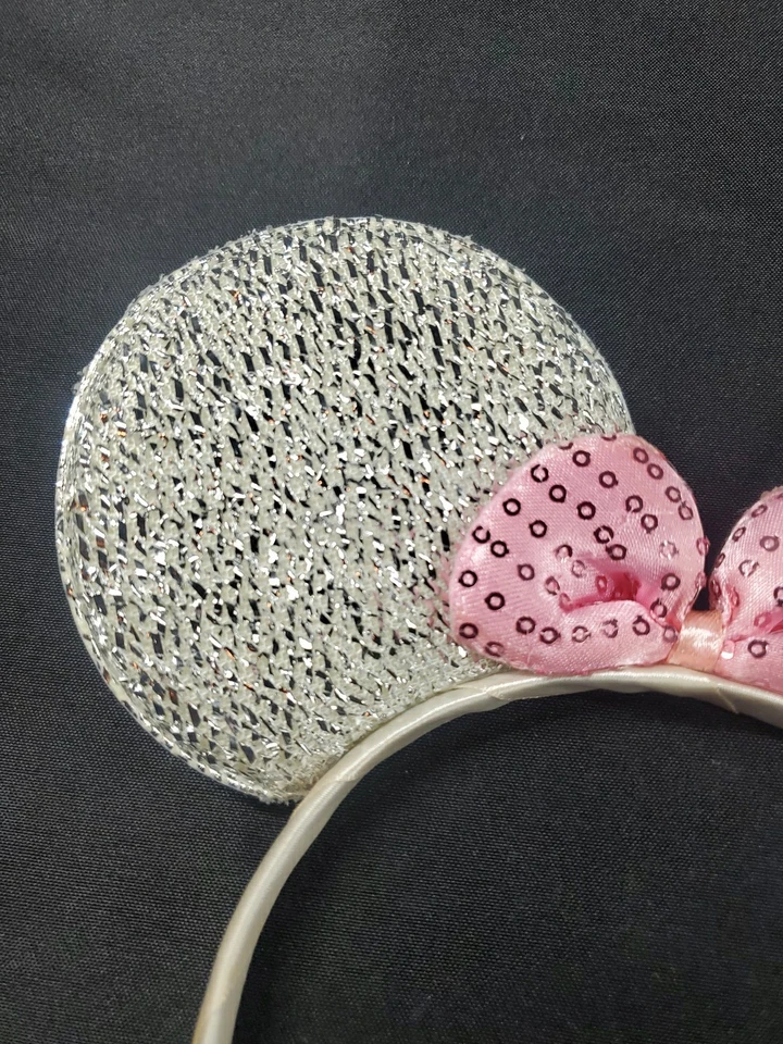 Sparkly Silver Minnie Mouse Ears Alice Band Hair Headband Pink Sequin Bow - Image 4 of 4