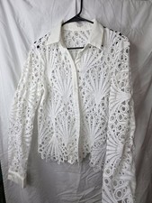 Women's White Cotton Lace Collared Button-Up Shirt Long Sleeve